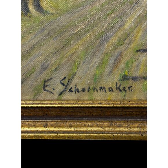 Mid‑century Rural Farmhouse Country Landscape Framed Painting by E. Schoonmaker - Picture 3 of 11